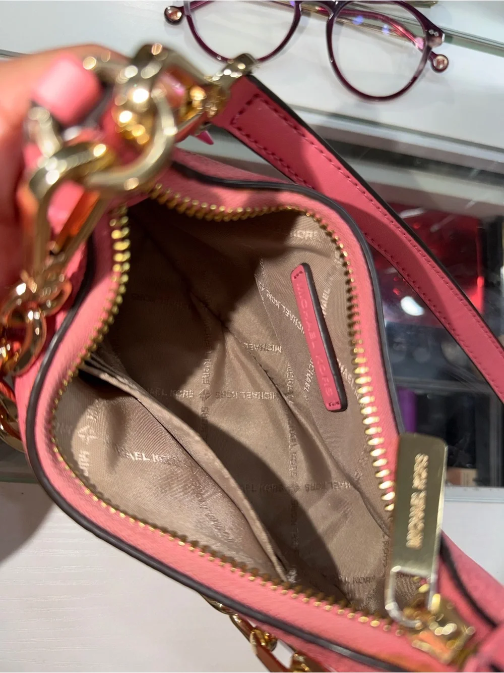 Michael Kors Pink Pebble Leather Shoulder Bag with Gold Chain Strap